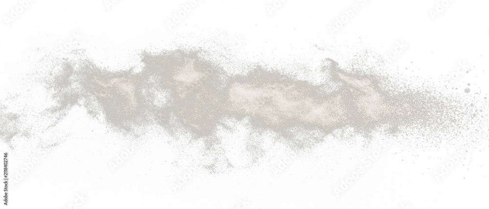 Fototapeta premium Beige powdery material against a black backdrop, elongated. Edges have scattered dust particles, creating a blurred, abstract composition