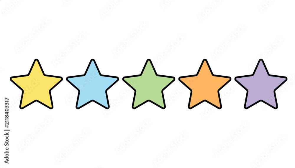 Fototapeta premium Row of five colorful cartoon stars in yellow, blue, green, orange, and purple, perfect for rating and review interfaces.