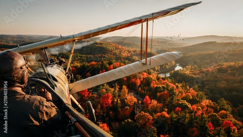 Aerial view of a small airplane flying over colorful autumn forest landscape at sunset