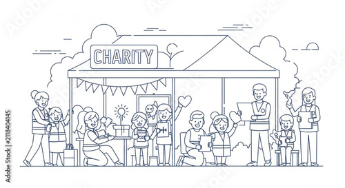 Happy Volunteers at Charity Event, Line Art Illustration