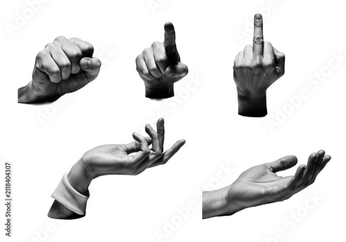 five highly detailed adult human hands in various symbolic gestures (fist, pointing, obscene, elegant) in high-contrast grainy black and white on a sterile white background, powerful concept of human