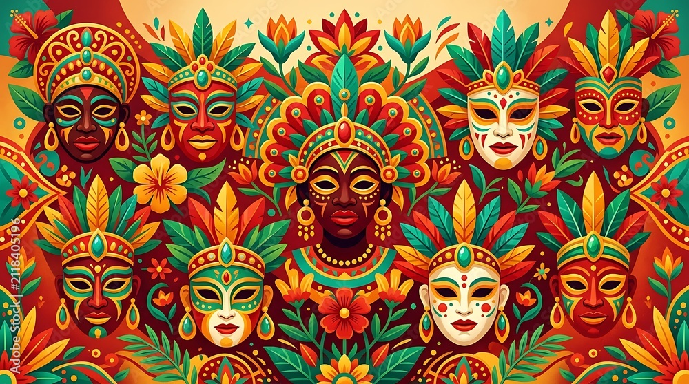 Obraz premium Vibrant carnival masks with feathers and tropical floral patterns