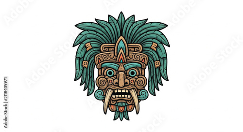 Majestic Aztec Warrior Headdress with Green Feathers and Ornate Brown Details