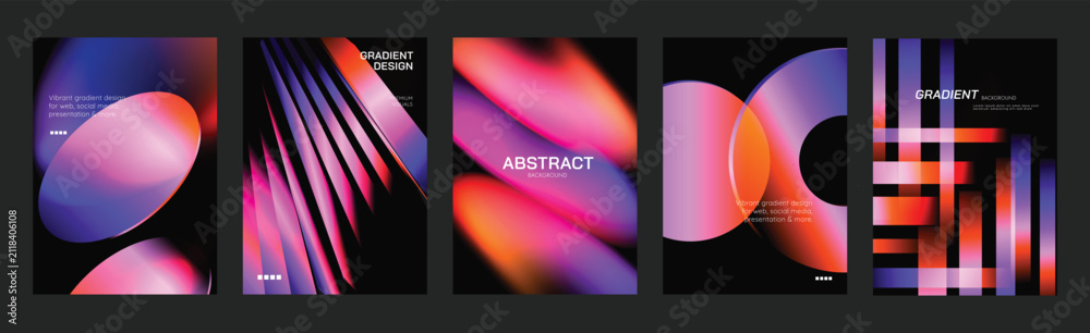 Obraz premium Abstract gradient poster background vector set. Modern cover templates with colorful geometric shapes and optical illusion design for social media, banner and wallpaper.