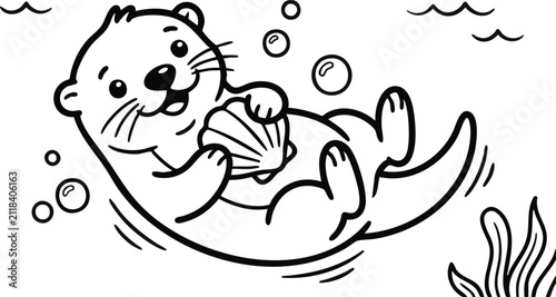 Cartoon otter floating on its back with seashell illustration in black and white line art
