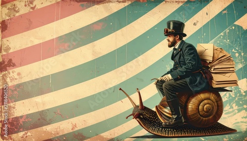Vintage Steampunk Postman Riding a Giant Snail with a Stack of Letters on a Textured Striped Background with Ample Copy Space for Text and Graphic Design