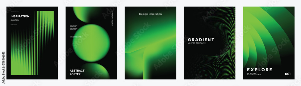 Obraz premium Abstract gradient poster background vector set. Modern cover templates with colorful geometric shapes and optical illusion design for social media, banner and wallpaper.