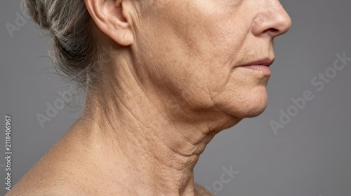 Macro shot of skin texture showing neck wrinkles and loose tissue on a female chin.
