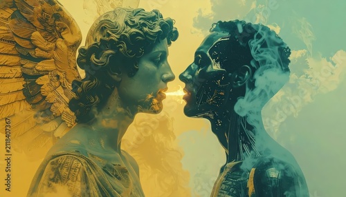 Conceptual Digital Art of Classical Angel Statue and Cybernetic Human Profile with Smoke and Copy Space