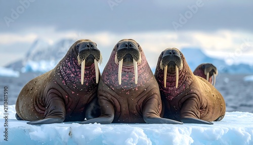 Tres morsas descansando juntas sobre una placa de hielo en un paisaje polar con montañas nevadas al fondo