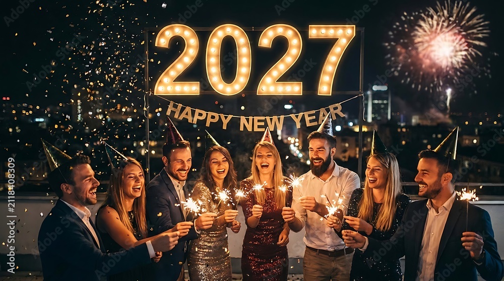 Obraz premium Friends celebrating happy new year 2027 with sparklers on rooftop terrace at night.