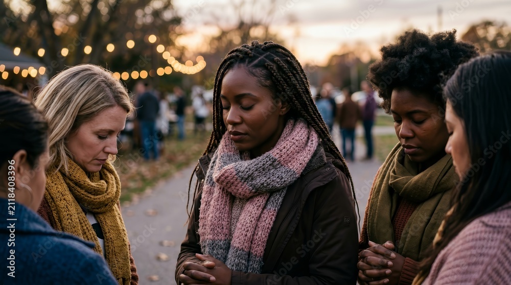 Fototapeta premium Spiritual connection as diverse women gather for prayer and Christian Bible study.