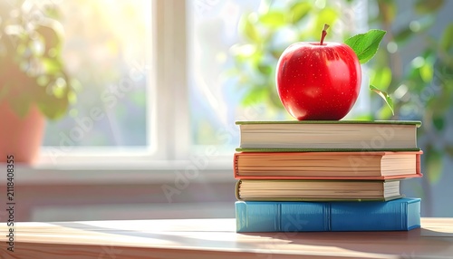 Manzana roja sobre una pila de libros en un aula luminosa con ventana y fondo desenfocado