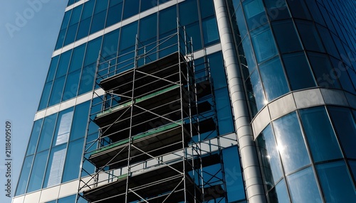 Metal scaffolding installed against the glass facade of a modern high-rise office building during construction or maintenance work