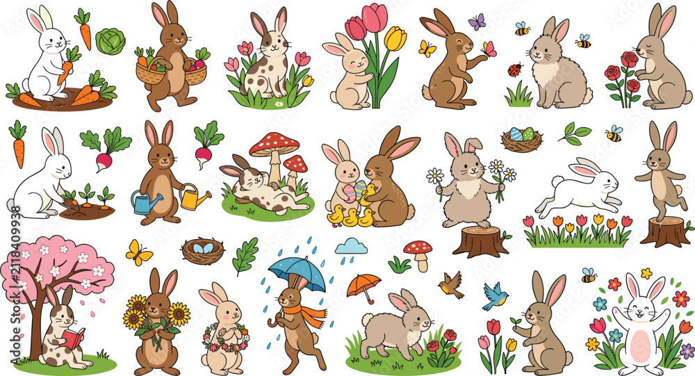 Fototapeta premium Cute Spring Easter Bunny Character Collection with Gardening Rabbits Carrot Harvest Mushroom Rain Sunflowers and Cherry Blossom Tree Icons Vector Graphic Set