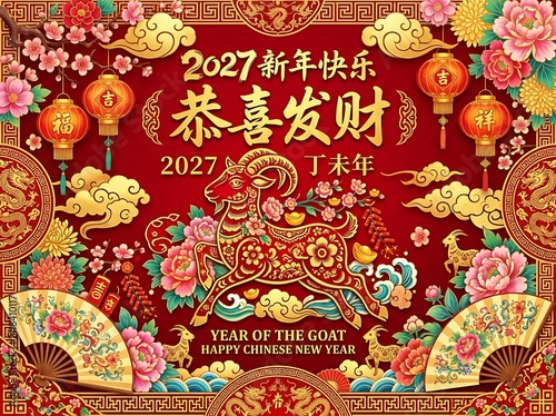 Happy chinese new year 2027 year of the goat illustration with lanterns and floral elements.