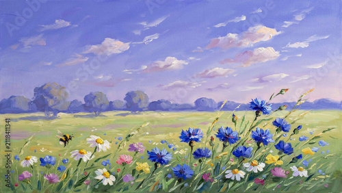Hand-painted oil landscape featuring a meadow of blue cornflowers and white daisies, with a bumblebee and a soft purple sunset sky