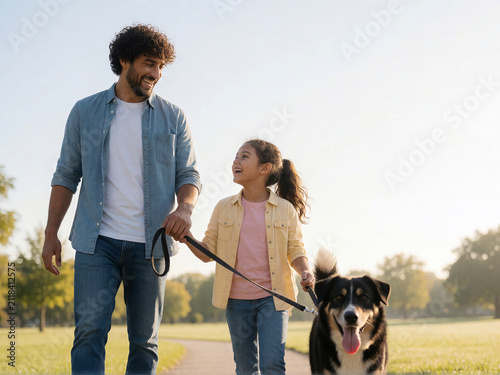 Happy father and daughter walking with their dog in a park