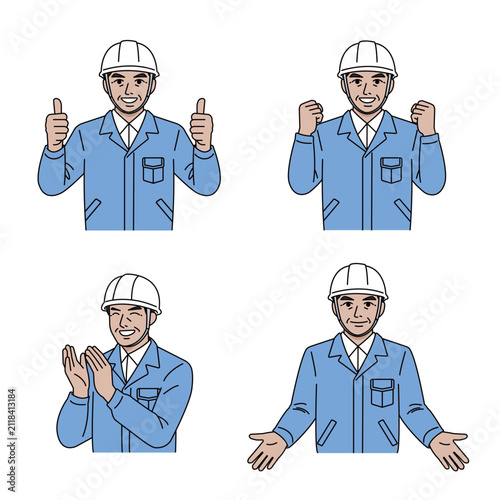 фотографія Male worker in sax blue uniform illustration set (thumbs up, clapping, welcomin