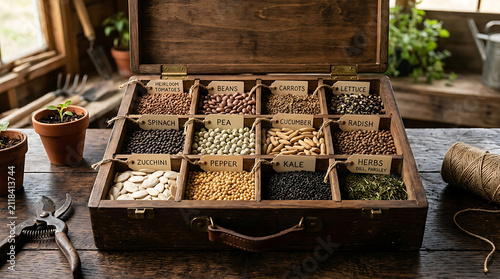 Vintage Wooden Vegetable Seed Box Collection With Assorted Heirloom Varieties For Gardening