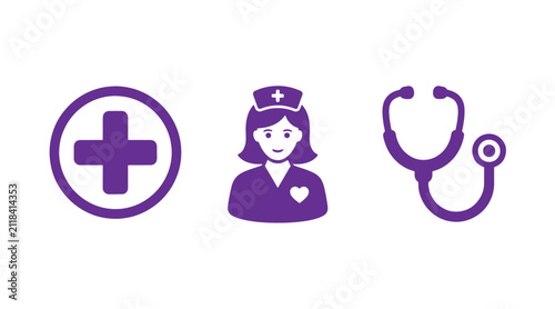 Healthcare icon collection featuring a medical cross symbol a professional nurse avatar a medical stethoscope for clinical use first aid medical staff stethoscope