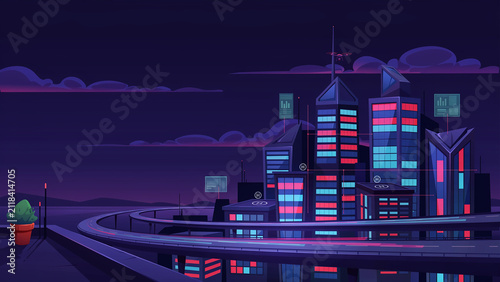 Night cityscape with glowing skyscrapers, multi-level highway overpass, and data visualization under a dark purple cloudy sky