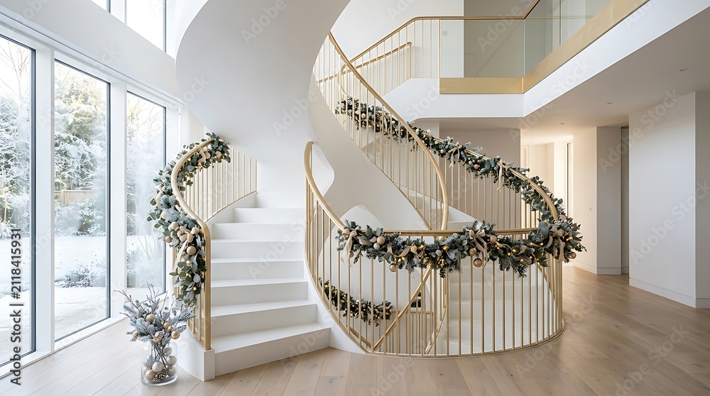 Obraz premium Grand white spiral staircase with gold accents and christmas greenery garland overlooking snowy winter garden.