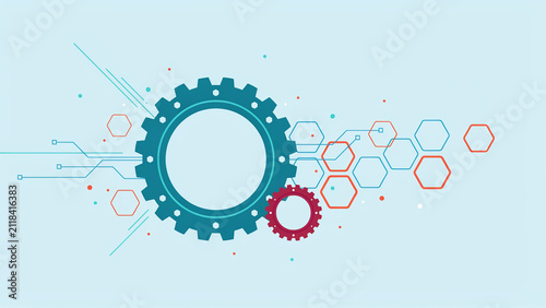 Teal and red gear with connected hexagons and circuitry lines on a light blue background, mechanical engineering