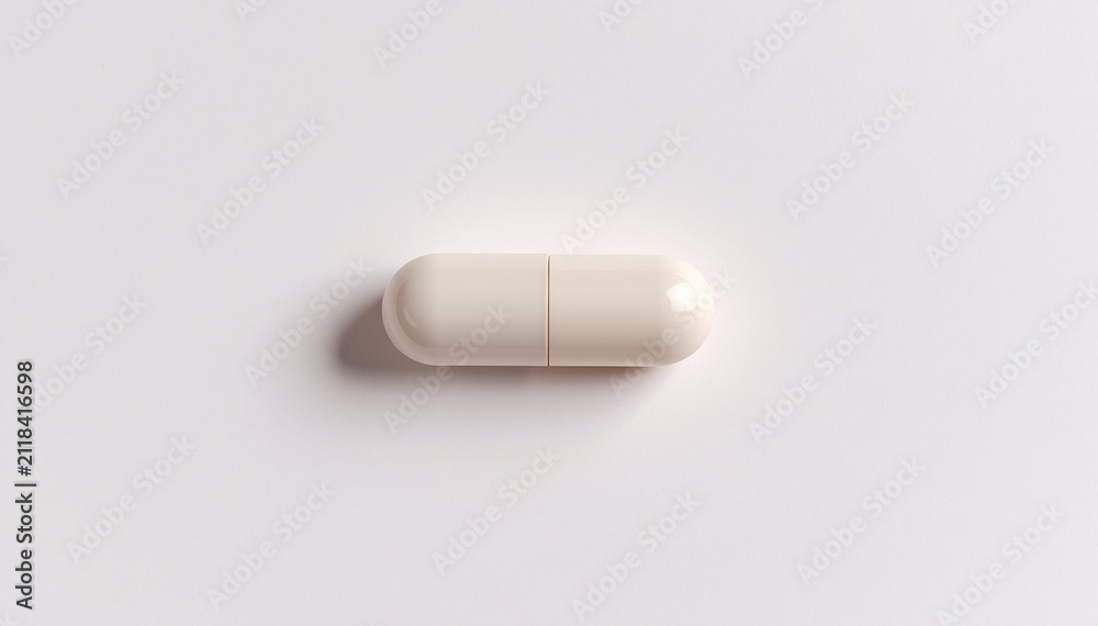 Fototapeta premium Single White Capsule Pill on White Background, Medical Healthcare Concept