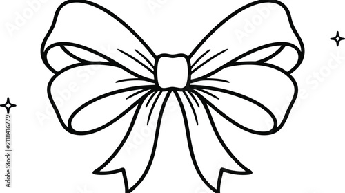 Decorative bow line art illustration with sparkles on a white background