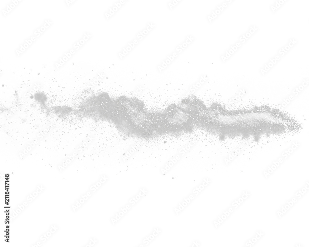 Obraz premium Wispy plume of white, granular substance against a stark black backdrop. Abstract spray-like effect. Motion is implied