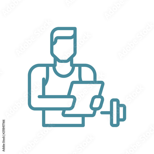 Fitness trainer icon with clipboard and dumbbell weight.