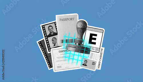 Collage of identification documents and stamp for security concepts