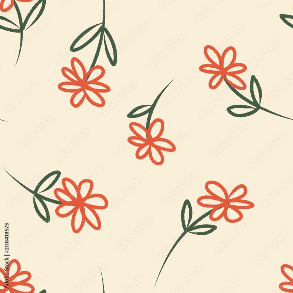 Obraz premium Hand-drawn coral flower and green leaf seamless pattern, textured ink bleed ditsy botanical repeating tile for stationery, wedding invites, and fabric