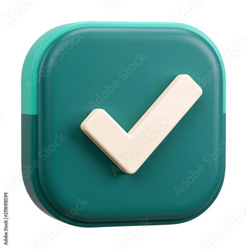 3D Green Check Mark Button Icon for Approval Success and Verification Concept