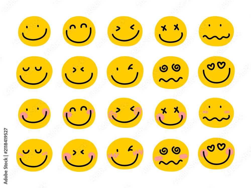 Fototapeta premium Cute Smile Character Emoticons Vector Set, Yellow Smiling Face Expressions Emoji Collection Vector Illustration