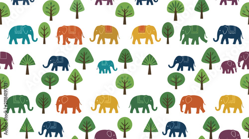 Photography Repeating seamless pattern with colorful elephants and forest trees, elephant