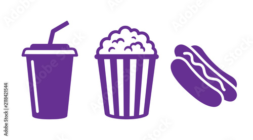 Graphic icon set of fountain drink popcorn tub and hot dog with beverage concession fastfood entertainment refreshment illustration takeaway catering junkfood