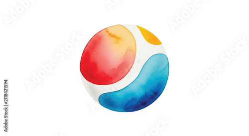 Abstract watercolor shapes: vibrant red, blue, and yellow circles on a clean white background. Modern, minimalist design.