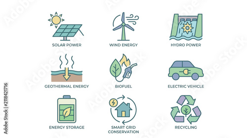 Renewable energy icons representing sustainable power solutions for a cleaner future are displayed in a professional grid format showcasing solar panels wind turbines hydroelectricity and electric.