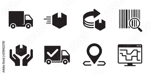 Logistic delivery icons with truck cardboard box barcode scan return arrow and tracking map interface.