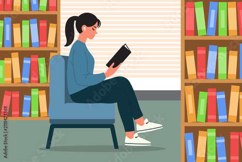 Woman Reading a Book in a Library Illustration