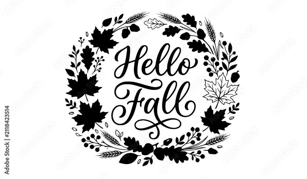 Fototapeta premium Hello Fall Lettering Vector Design with Autumn Leaves and Harvest Festival Decorative Elements