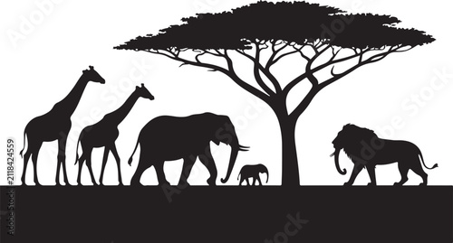 African safari animals silhouette vector illustration with acacia tree landscape