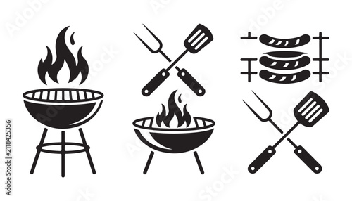 Barbecue icons collection with grill station sausages and crossed spatula fork for restaurant design.