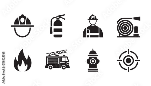 Firefighter and fire safety equipment icon set, fire truck, hydrant, flame, and hose reel.