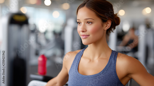 Seated rowing machine workout for back and posture strengthening with calm woman in bright gym environment for fitness class marketing and athletic training content