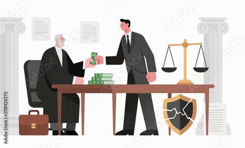 Man Bribing Judge with Cash in Courtroom Setting Illustration