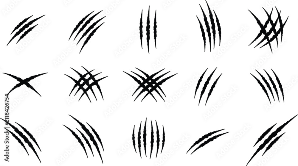 Fototapeta premium Claw scratch marks collection, grunge animal slash streaks vector illustration isolated horror design elements