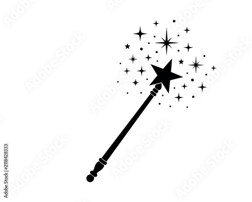 Photography Magic wand vector icon with star and sparkles, black silhouette fairy wand with